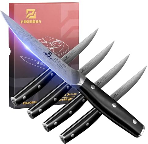 Piklohas Steakmesser Set 4 Teilig, 11,7 cm Glattklingen Dinnermesser | Geschmiedete Deutsche Stahl Damastmuster-Geradekanten-Fleischmesser mit Durchgehendem Griff, Ideal als Geschenk