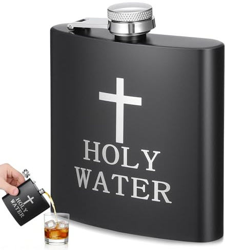 PRETYZOOM Flachmann Edelstahl, Flachmann Schwarz Holy Water für Whiskey, Auslaufsicherer Hip Flask, Lustiges Geschenke für Männer für Vatertag, Party, Wandern, Camping