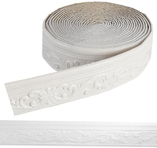 Dryxog Bordüre Selbstklebend, Zierleisten Selbstklebend, Stuckleisten Wand, Tapetenbordüre, 3D Roll Border Trims für Wände Flure Treppen Ecken Linien Decken Dekoration (Weiß,10 m)