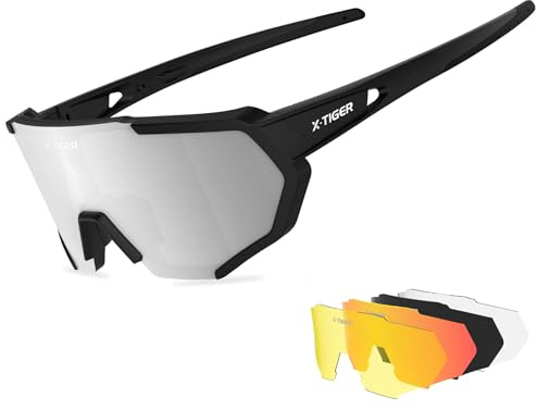 X-TIGER Fahrradbrille, Herren Damen Sportbrille, UV400 mit 5 Wechselgläser | Robuster TR90 Rahmen, mit montierbarem Brillenband & Ohrhaken Sonnenbrille Outdoor/Radfahren/Laufen/Autofahren/Angeln/Golf