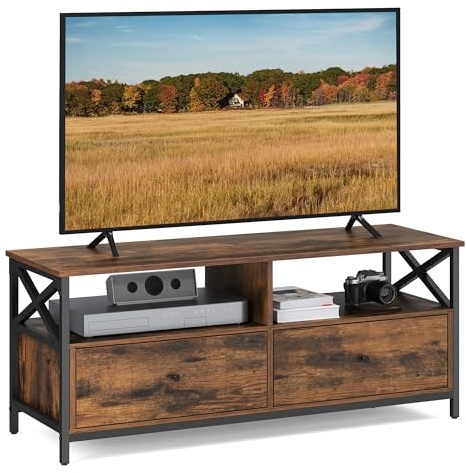 VASAGLE TV-Schrank, Lowboard für Fernseher bis zu 55 Zoll, 120 cm lang, Fernsehtisch mit 2 Schubladen, 2 offenen Fächern, 40 x 120 x 50 cm, Wohnzimmer, Stahlgestell, vintagebraun-schwarz LTV300B01