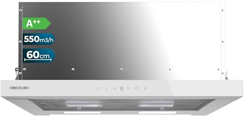 Cecotec Teleskop-Dunstabzugshaube 60cm Flux TLT 605500 White Black A++. Motor 70W, Niedriger Energieverbrauch, Front aus schwarzem Glas, Absaugung 550m³/h, Touch- und Gestensteuerung, Aktivkohlefilter