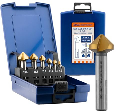 a+s Kegelsenker Set HSS-G mit TiN-Beschichtung – 6-tlg. Senker Set 90° DIN 335 C | für Metall, Holz, Aluminium & Kunststoff | präzisionsgeschliffen | Ø 6,3–20,5 mm | in ABS-Kassette