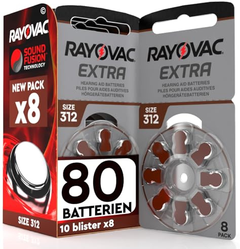 80 Hörgerätebatterien Rayovac Extra Größe 312 Braun PR41 Sound Fusion | 10 Blister à 8 Batterien für Hörgeräte
