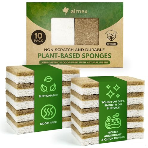 AIRNEX Biologisch Abbaubarer Spülschwamm 10er Set – Kompostierbarer Naturschwamm Aus Zellulose und Kokosfasern Mit Topfreiniger– Umweltfreundlicher Putzschwamm – Geruchloser Küchenschwamm Sponge