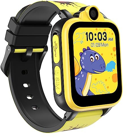 IOWODO Smartwatch Kinder-2G SIM mit Spiele Anruf Funktion SOS Kamera Musik Schrittzähler Taschenlampe Wecker-Kids smart Watch telefonieren Geschenk für Jungen und Mädchen 3-12 Jahre (Schwarz)