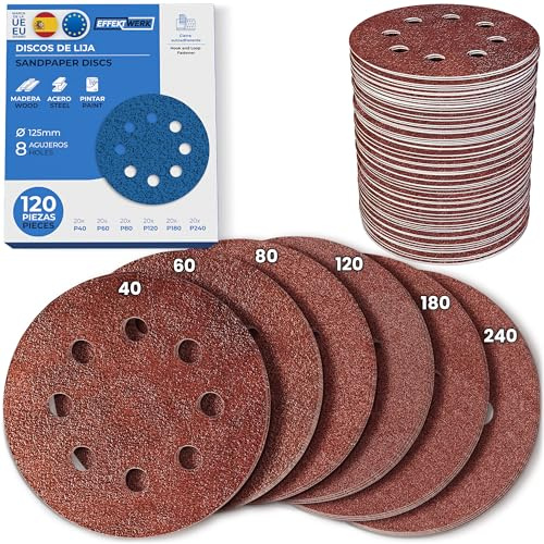 EffektWerk Schleifscheiben (120er-Pack, 8 Löcher), 125 mm Schleifpapier mit mehreren Körnungen (40, 60, 80, 120, 180, 240)