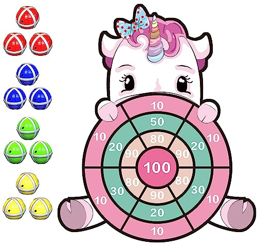 Einhorn Spielzeug für 4–9, 63cm Einhorn Geschenke für Mädchen Kinder Klett Dartscheibe mit 12 Klebrigen Bällen, Drinnen und Draußen Wurfspiel Set für Kinder Groß und Klei, Geburtstagsgeschenk für 4–11