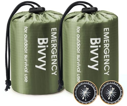 Esky Biwaksack, 2 Stück Notfall Schlafsack Biwaksäcke Wasserdicht Thermo Leicht Wasserdicht Überlebenssack Mit Pfeife und Kompass Ausrüstung Survival Ideal zum Zelten Wandern und Abenteuer Grün