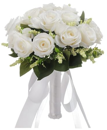 YasJess Brautstrauss, Hochzeit Blumenstrauß Stil Weißer gefälschter Rosen-Brautstrauß mit Perlendekoration,Hochzeitssträuße künstlich für Haus Hochzeit Party Trockenblumen