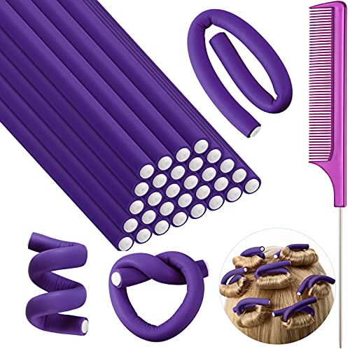 Syhood 30 Stück Flexible Twist Schaum Lockenwickler, Lila, 7 x 0,3 Zoll | Weicher Schaum, Keine Hitze, 1 Stahl Rattenschwanz Kamm, Für Damen und Mädchen, Langes und Kurzes Haar