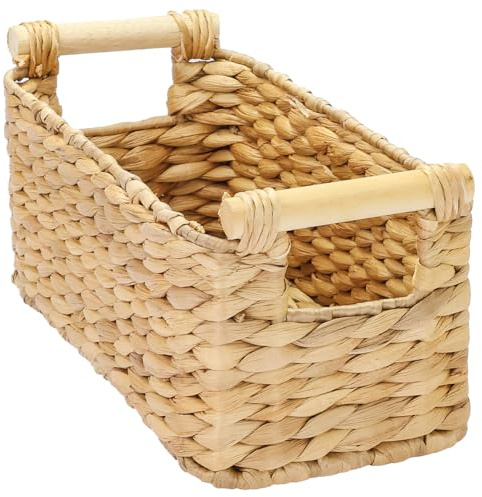 HMF Aufbewahrungskorb geflochten aus Wasserhyazinthe, dekorativer Korb mit Holzgriffen zur Aufbewahrung für Badezimmer, Wohnzimmer, Küche | 30 x 15 x 13 cm | Natur