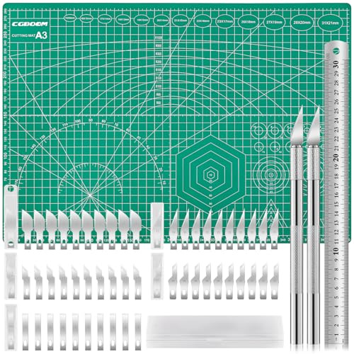 CGBOOM Schneidematte Set, Selbstheilende Bastelunterlage Schneideunterlage Cutting Mat mit 50stk Bastelmesser und Stahllineal für Basteln Zeichenunterlage Bastelskalpell(A3 45X30MM)