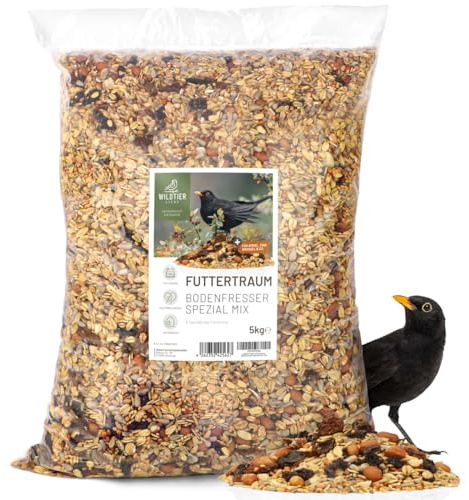 wildtier liebe Futtertraum Amselfutter 5kg – Premium Wildvogelfutter & Ganzjahresfutter mit Rosinen und geschälten Sonnenblumenkernen, Streufutter für Amsel, Rotkehlchen & andere Wildvögel