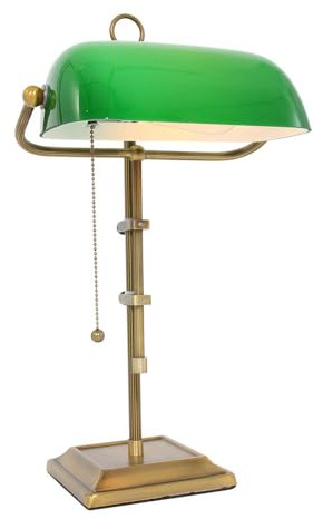 Schreibtischleuchte Bankerlampe Tischlampe altmessing Glas grün Leseleuchte höhenverstellbar, Zugschalter, 1x E27, LxH 26,5x56 cm