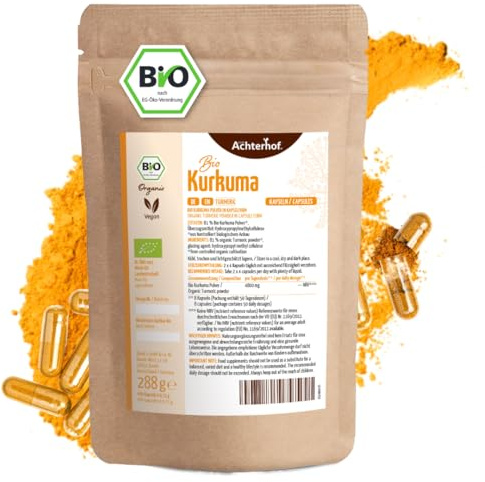 Kurkuma Kapseln Bio Nachfüllpack | 400 Stück | 4800mg Kurkuma pro Tagesdosis | frisch gemahlene Kurkumawurzel in Bio-Qualität | vegane Kapselhülle | vom Achterhof
