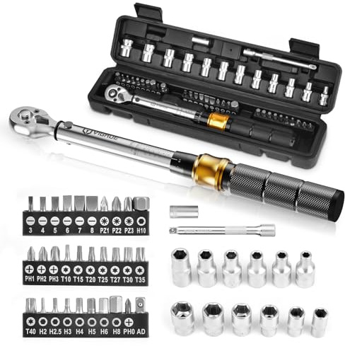 Drehmomentschlüssel Fahrrad 5-25 Nm, VIGRUE Drehmomentschlüssel 1/4 Zoll, ±4% Genauigkeit, Torque Wrench Set mit Ratsche, Verlängerungsstange, Universalgelenk, Zündkerzenhülse, Bits für Motorrad, Auto