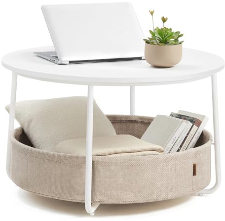 VASAGLE Couchtisch rund, Tisch mit Stauraum, Beistelltisch, Wohnzimmertisch mit Korb aus Stoff, modern, Metallrahmen, mattweiß-Kamelbraun LCT244W10