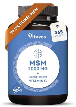 MSM 2000mg pro Tag mit Vitamin C - 365 Tabletten, vegan - Vitamin C für bessere Methylsulfonylmethan Aufnahme - Laborgeprüft - Ohne unerwünschte Zusätze - Vitavea