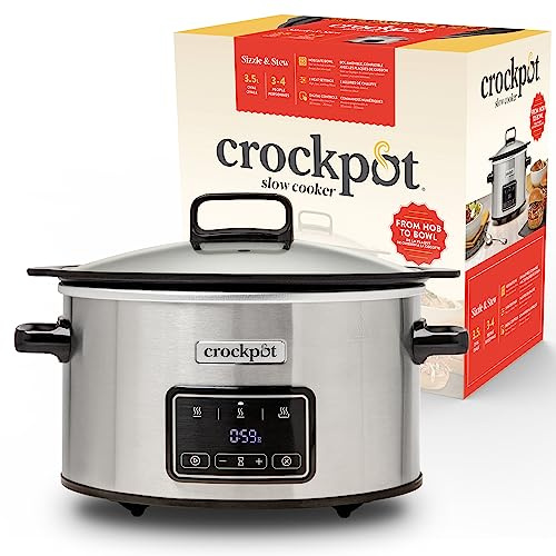 Crockpot Sizzle & Stew Digital-Schongarer Slow Cooker | 3,5 l (3-4 Personen) | Abnehmbare induktionsgeeignete Schüssel für Fleisch und Gemüse | Edelstahl [CSC111X]