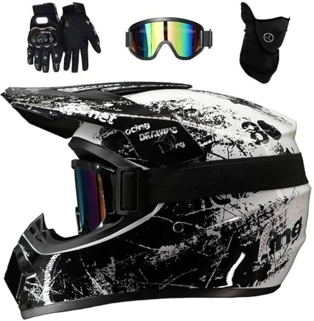 Doppelsport Motocross Helm Satz, Jugend Kinder Integral Offstraße Rennen Motorrad Absturz Helme, Bergab BMX MTB ATV Enduro Quad Dirtbike Helm, mit Brille Handschuhe Maske(White Black,L/56-57CM)