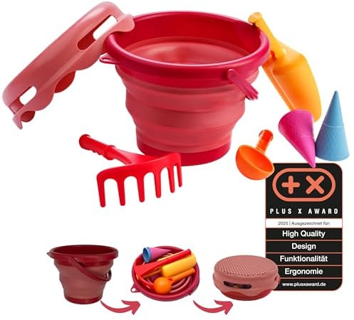 Schildkröt 7in1 Sand Toys Set, innovatives Sand-Spielset im Handtaschenformat, kompakt und platzsparend, Faltbarer 3 Liter Eimer mit 6 Sandspielzeugen zum Graben, Formen, Sieben und Rechen, 970245