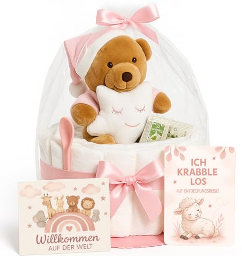Windeltorte Mädchen in Rosa – Handgefertigtes Baby Geschenk zur Geburt & Taufe mit Kuscheltier, Pampers, Glückwunschkarte – Baby Windeltorte zur Babyparty Geschenkidee