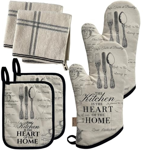 ZORR Ofenhandschuhe Set mit 2 Geschirrhandtücher, Hitzebeständige Backhandschuhe Topfhandschuhe für Kochen Backen, Vintage Stil