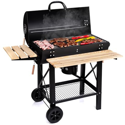 LEHMANN Holzkohlegrill mit Grillrost XL, Grillwagen mit 2 Holzeinlegeböden, Deckel, Rädern und nicht wärmender Griff, Kohlegrill für Garten, Terrasse, Camping