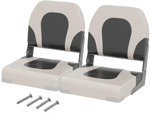 HOMASIS 2er Set Bootssitz klappbar, gepolsterter Bootsstuhl mit 7CM dickem Sitz, wasserdichter Steuerstuhl mit Rückenlehne & Metallrahmen, Steuersitz für Boote, bis 150 kg belastbar (Weiß+Grau)