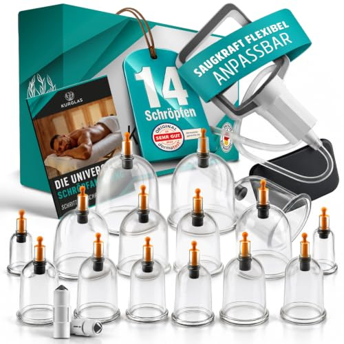KURGLAS® Schröpfgläser mit Vakuumpumpe [14 Stk] – Medizinische Schröpfen | Das originale Schröpfset mit Dermatest Note SEHR GUT – Cupping Set inkl. Faszienschaber – Gegen Verspannungen & Cellulite