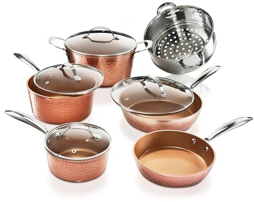 GOTHAM STEEL Gehämmertes 15-teiliges Kupfer-Topf- und Pfannenset, antihaftbeschichtet, Küchen-Kochgeschirr-Sets, Topf- und Pfannen-Set, Keramik-Kochgeschirr-Set, ungiftiges Kochgeschirr-Set,