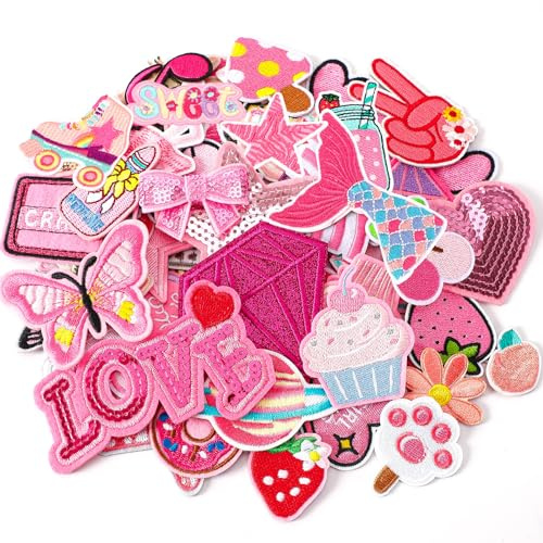 AUGSUN 60 Stück rosa bestickte Flicken zufällig sortierte Stile rosa Thema zum Aufbügeln für Mädchen, Western-Cowgirl, DIY-Aufnäher, Reparaturflicken, niedliche Aufnäher für Rucksäcke, Hosen