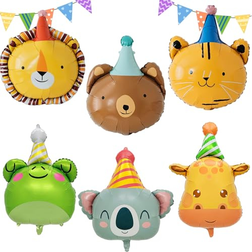 AUNGKWANG 6 Stück Folienballon Tiere, Tierkopf Ballons, XXL Waldtiere Luftballon, Dschungel Deko Geburtstag, Helium Ballons, Party Animals, für Geburtstag Party Deko