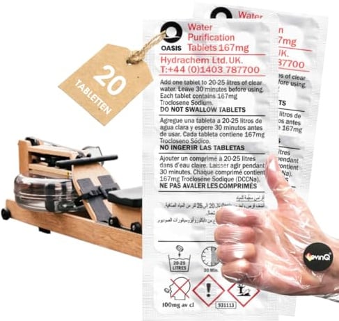 LevinQ 20x Chlortabletten geeignet für Rudergerät mit Wassertank,+ Handschuhe wie Waterrower, Skandika, Hammer, Vorteilspack, Gegen Algen, 2 Jahresbedarf, Puritabs Oasis Water Rower chlor Tabletten