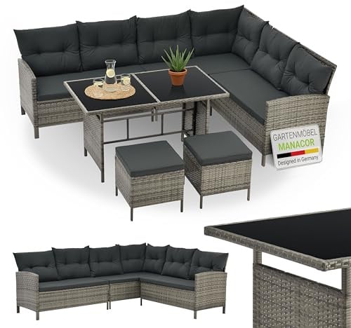 Juskys Polyrattan Lounge Manacor mit Ecksofa, Esstisch, 2 Hocker & Kissen - wetterfest bis 7 Personen - Bezüge waschbar - Rattan Garten Sitzgruppe Gartenlounge Gartenmöbel Set - Grau-meliert