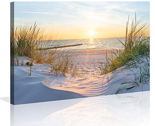 Visario Leinwandbild 120x80 cm 5009 Dünen Strand Nordsee Ostsee Meer - Wandbild Natur Landschaft fertig gerahmt auf echtem Holzrahmen - Kunstdruck Leinwand Wohnzimmer Schlafzimmer Dekoration