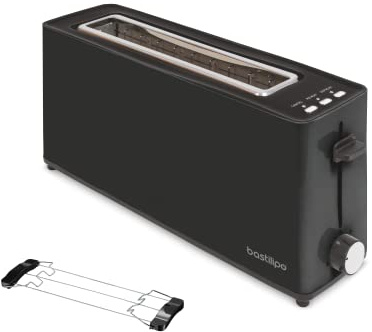 Bastilipo - Firefox - AN900 - Schwarzer Toaster - Langer Schlitz für 2 Scheiben mit 900 W - Auftaufunktion - Krümelschublade