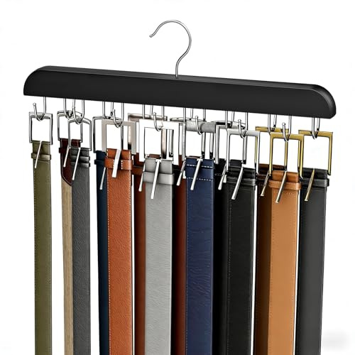 Resovo Gürtelaufhänger für Schrank, max. 42 Gürtel, Gürtel-Organizer, Schrankzubehör mit 14 Haken, Gürtelablage, stabiles Holz, für Schrank-Organizer und Aufbewahrung, Schwarz, 1 Stück
