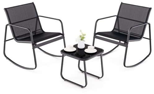GOPLUS 3tlg. Gartenmöbel Set, Bistroset mit 2 Schaukelstühlen & Beistelltisch, Balkonset Balkonmöbel Terrassenmöbel, Sitzgruppe Sitzgarnitur Outdoor für Garten Hof Veranda Terrasse (Schwarz 2)