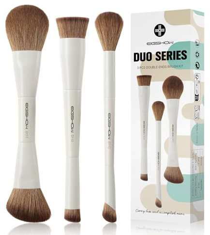 EIGSHOW Pinselset Makeup, 3 Stück Schminkpinsel Set, Makeup Pinsel Set mit Zwei Enden, Weiche Synthetischer Faser Kosmetikpinsel, Geeignet für Flüssige, Cremige & Pulverförmige Produkte, Beige