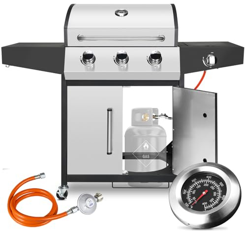 LIFERUN Gasgrill 3+1 Edelstahl Brenner,13,5 kw Gas Grillwagen BBQ mit Seitenkochfeld,Gasgriller mit Thermometer,4 PCS Bremse Rollen,DE I3B/P(50) Gasdruckregler,Grillküche Camping Garten(Butan/Propan)