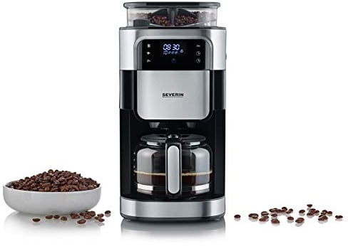 Severin Kaffeemaschine mit Mahlwerk, Kaffeeautomat mit Glaskanne und Timer-Funktion, auch als Filterkaffeemaschine, für bis zu 10 Tassen Kaffee, 1000 Watt, schwarz, Edelstahl, KA 4813