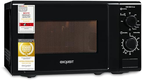 Exquisit Mikrowelle mit Grill | 20 l Garraum, 700 W Mikrowellenleistung, 1000 W Grillleistung | Auftauen, Kombifunktion Mikrowelle und Grill, manuelle Steuerung, kompakte Bauform | MW 802 G schwarz