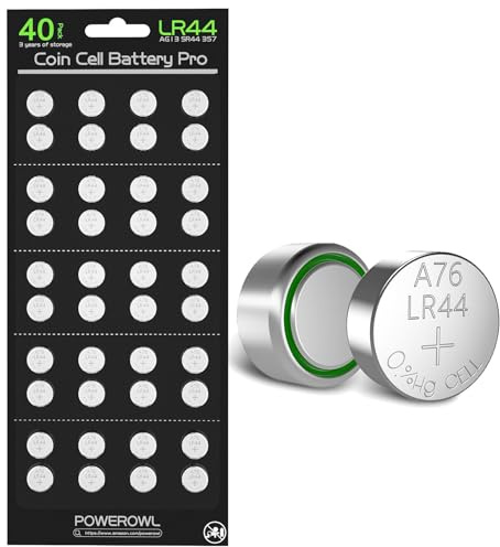 POWEROWL LR44 Knopfzelle Batterien 40 Stück, Knopfzellen LR44 L1154F AG13 357 303 SR44 A76 Alkaline Batterie 1,5V Knopfzellenbatterien