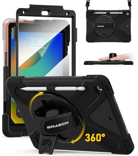 BRAECN für iPad 9/8/7 Generation Hülle 10,2 Zoll 2021/2020/2019, Robuste Stoßfeste Schutzhülle mit Displayschutz, 360° Drehbarer Handgurt und Ständer, Stifthalter, Schultergurt, Schwarz