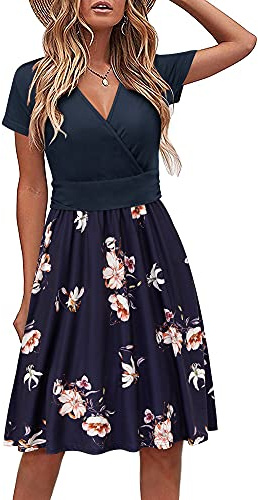 STYLEWORD Damen Sommerkleid Kurzarm V-Ausschnitt Kleider Blumenmuster Kleid Wickelkleid Mit Taschen