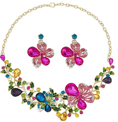 SUPERFINDINGS 1 Stück Kristallblumen Halskette Ohrringe Set Hochzeit Braut Schmuck Sets Strass Bib Statement Halskette Mode Blumenanhänger Ohrringe Abschlussball Party Schmuck Für Frauen