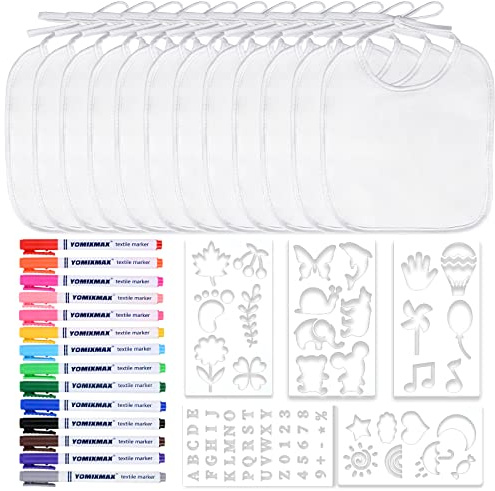 Faburo Baby Lätzchen zum Bemalen für Babyshower Babyparty | Babylätzchen aus Baumwolle Doppelseitig, Weiße Baby Lätzchen Malen Schablonen Textilstift, Babyparty Spiele Set