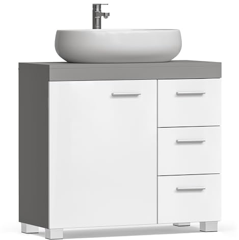 VASAGLE Waschbeckenunterschrank, Badezimmerschrank, 3 große Schubladen, 30 x 70 x 64 cm, Badschrank, 2 Fächer hinter der Tür, Badezimmer-Unterschrank mit Füßen, wolkenweiß-zementgrau BBK503T49